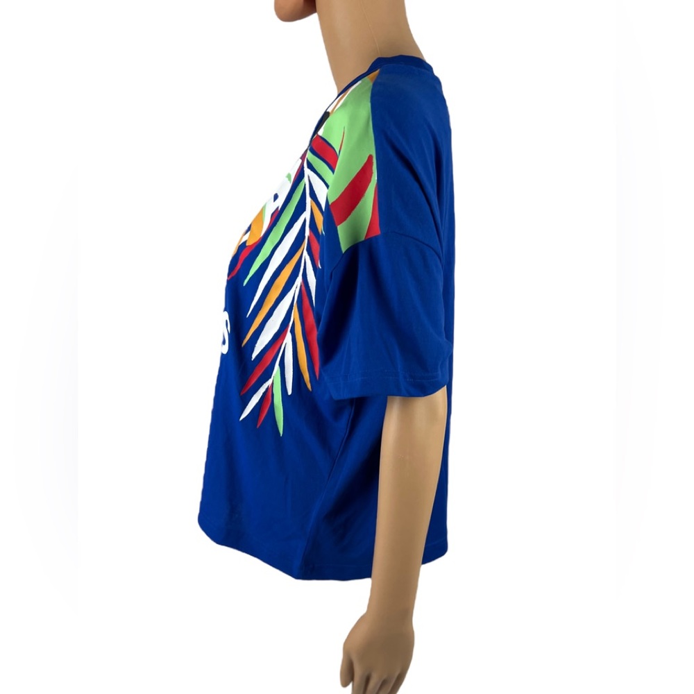 Adidas x Farm Rio Shirt Women Large Blue Tropical Short Sleeve Crop Pullover NWT - Picture 6 of 13